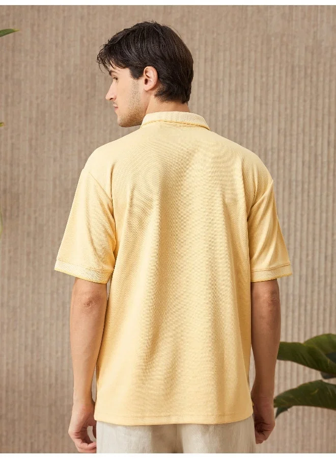 Beyoung Corn Yellow Melange Texture Regular Fit Solid Polo Tshirt